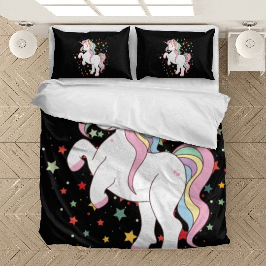 Cute Rearing Rainbow Unicorn Falling Stars Bedding Sets
