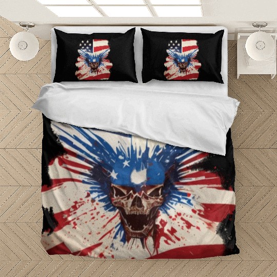 Angry Skull Bursting Through US Flag Bedding Sets