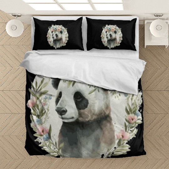 Cute Watercolor Panda Bear Flower Crown Floral Bedding Sets
