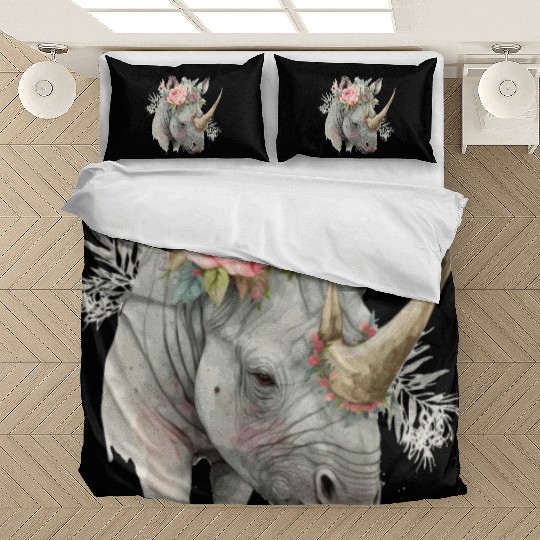 African Watercolor Rhinozeros Flower Crown Safari Bedding Sets