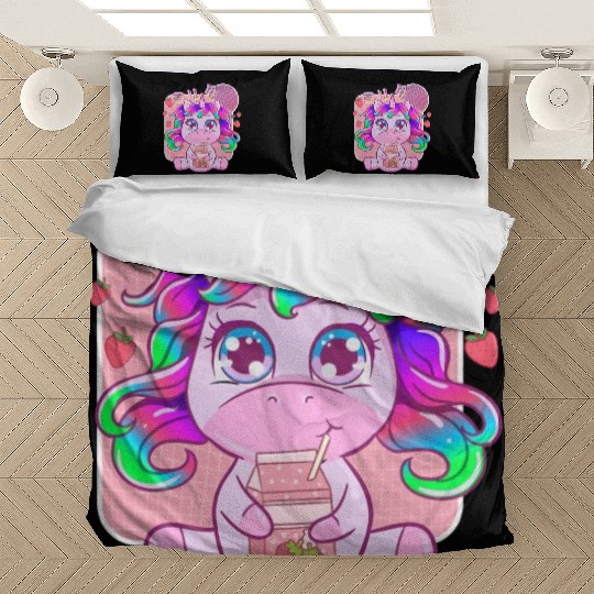 Funny Kawaii Unicorn Strawberry Milk Shake Bedding Sets
