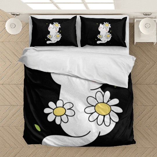 My white cat and my yellow flowers Bedding Sets