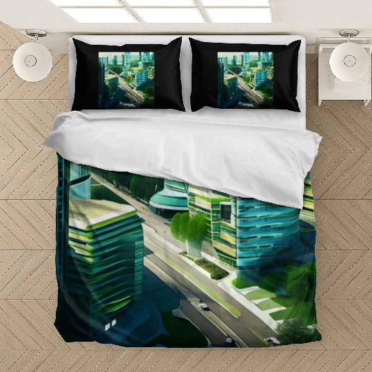 Green Horizon: A Vision of Sustainable Cityscape Bedding Sets