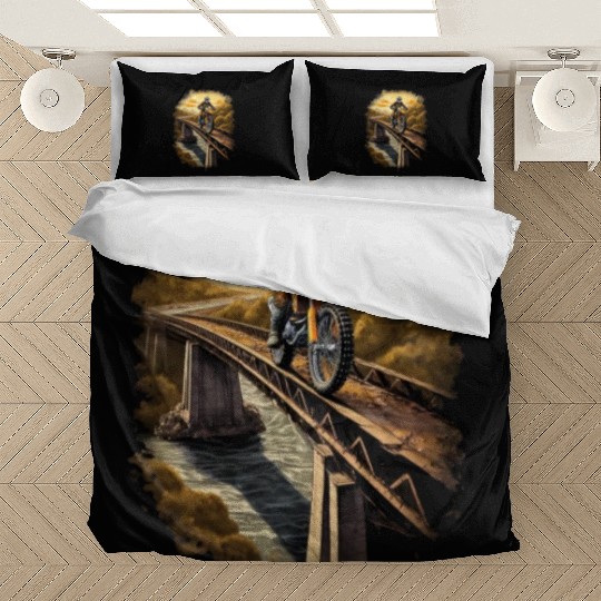 Dirt Bike Rider on Bridge Motorbike Biker Bedding Sets