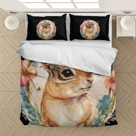 Cute Watercolor Chipmunk Flower Crown Floral Roden Bedding Sets