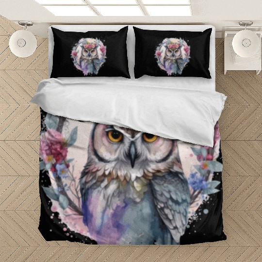 Watercolor Owl Flower Crown Artistic Floral Birds Bedding Sets