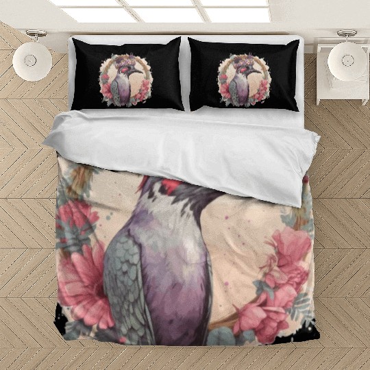 Artistic Watercolor Woodpecker Bird Flower Crown P Bedding Sets