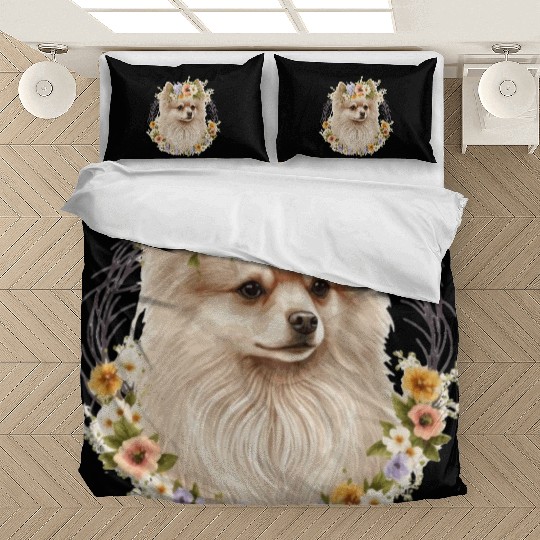 Cute Pomeranian Pom Flower Crown Pet Dog Breed Flo Bedding Sets
