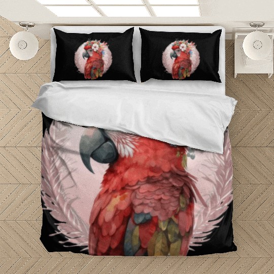 Red Scarlet Macaw Flower Crown Parrot Watercolor B Bedding Sets