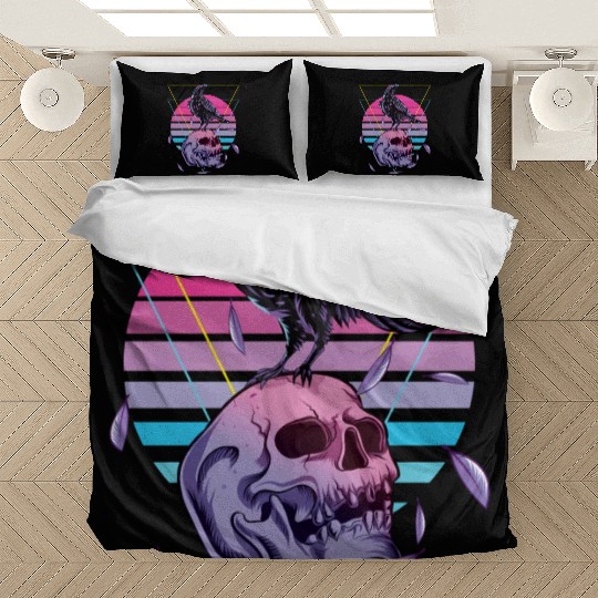 Vaporwave Skull And Crow Aesthetic Pastel Goth Bedding Sets