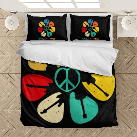 Peace Love Music Guitar Flower Rock And Roll Bedding Sets