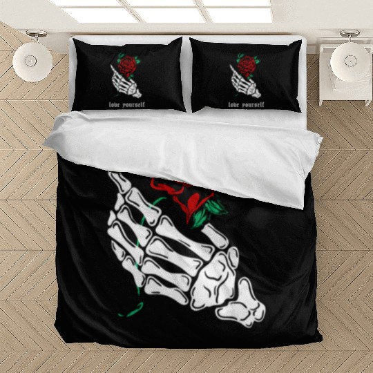Love Yourself Skeleton Hand Rose Aesthetic Goth Gr Bedding Sets