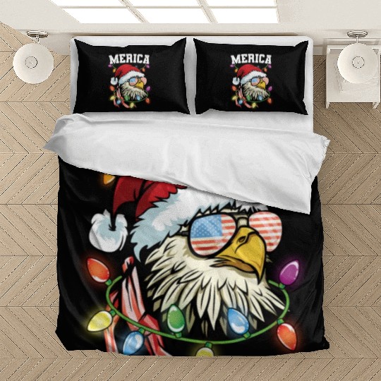 Merica Usa Flag Patriotic Veteran Santa Bald Eagle Bedding Sets