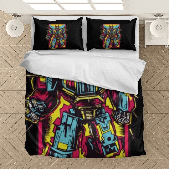 Red Bedding Sets Retro Style 90s Cartoon Comic Hero Robot