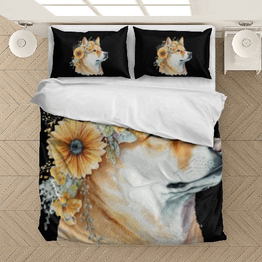 Watercolor Shiba Inu Sunflower Dog Breed Pet Puppy Bedding Sets