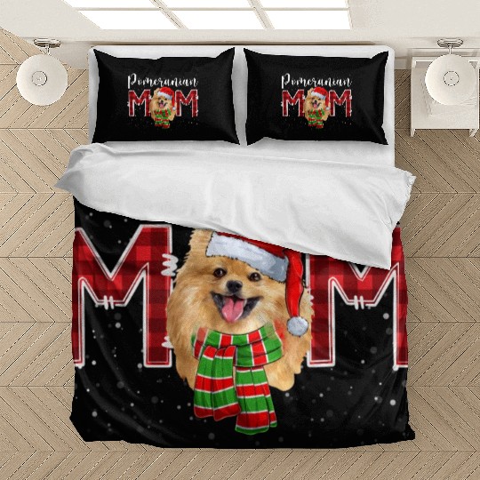 Pomeranian Mom Santa Scarf Plaid Dog Mom Bedding Sets