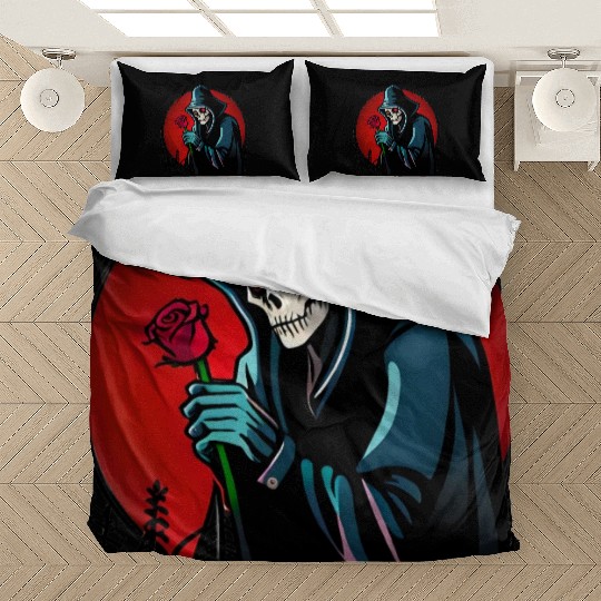 Symbolic Contrast A Grim Reaper Embracing a Rose Bedding Sets