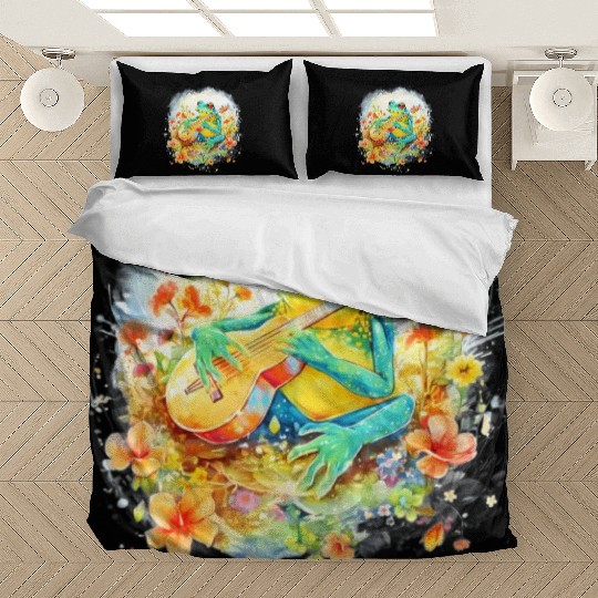 Cottagecore Frog Playing Banjo Guitar Amphibian Bedding Sets