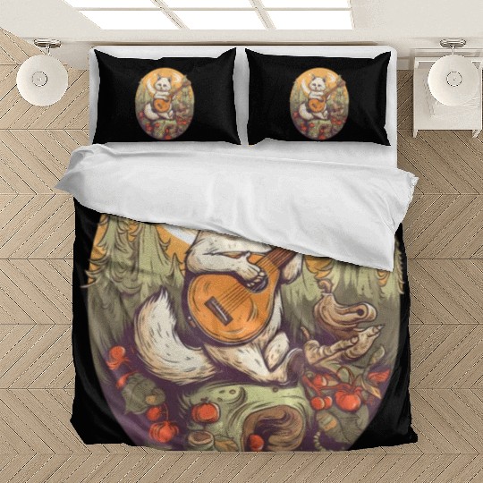 Cat Playing Banjo In The Forest in Cottagecore Bedding Sets