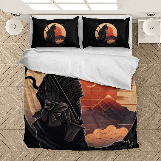 Vintage Japanese Sunset Style And Samurai Cat Kitt Bedding Sets