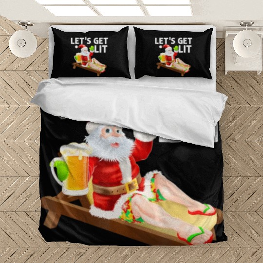Lets Get Lit Santa Funny Christmas In July Santa Bedding Sets