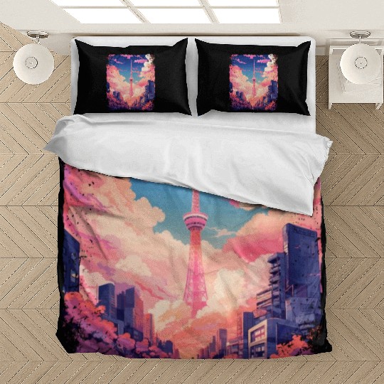 Vaporwave Aesthetic Tokyo Skytree Japanese Sight Bedding Sets
