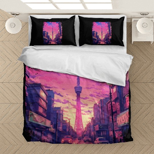 Skytree Tokyo Vaporwave Aesthetic Japanese Sight Bedding Sets