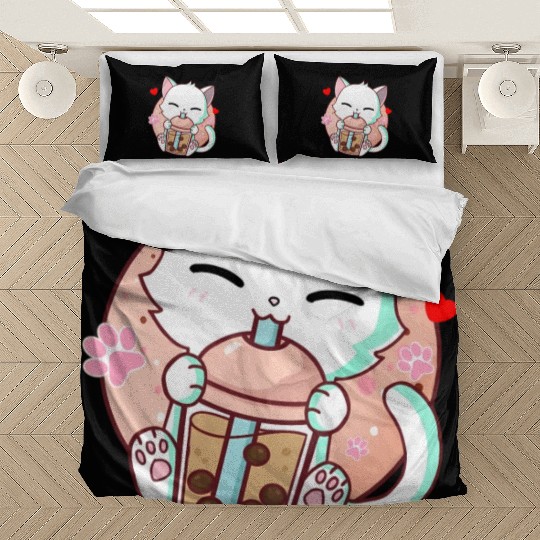 Cat Boba Tea Bubble Tea Kawaii Anime Japanese Bedding Sets