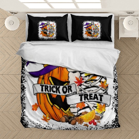 Retro Fall Leaves Trick Or Treat Halloween Pumpkin Bedding Sets