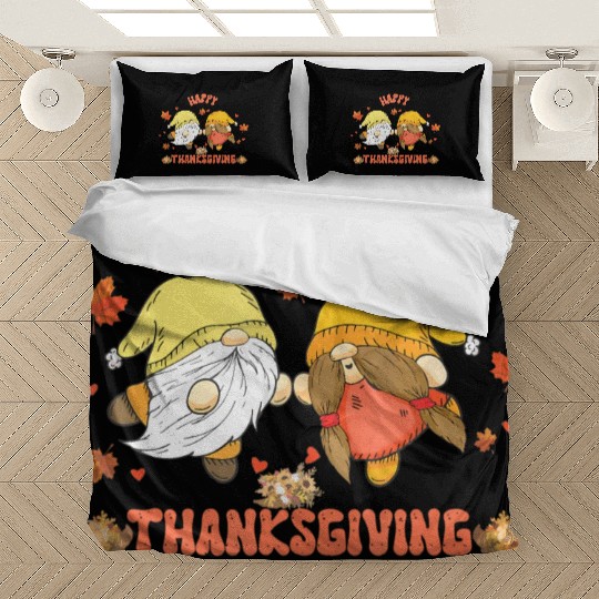 Happy Thanksgiving Gnomes Pumpkin Autumn Leaves Bedding Sets