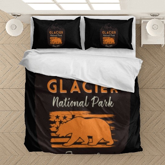Glacier National Park Us Flag Grizzly Bear Bedding Sets