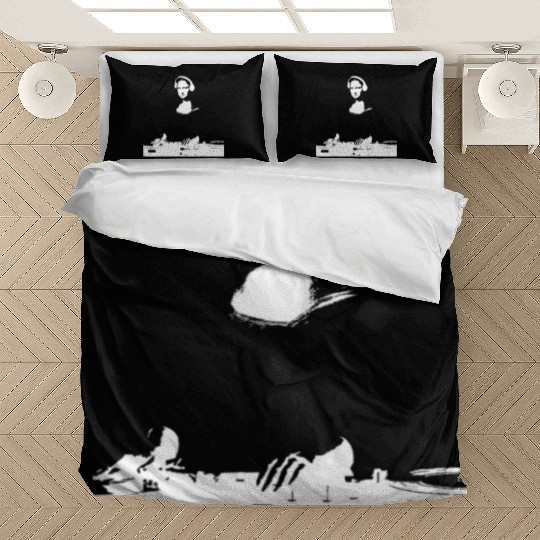 Dj Mona Lisa with Dj Headphone behind a dj table Bedding Sets