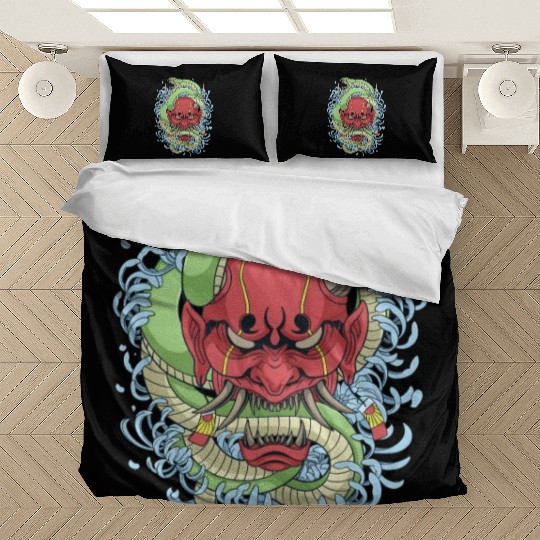 Japanese oni mask with peony flower and greem snak Bedding Sets