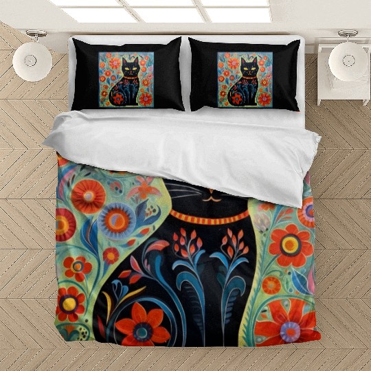 Folk Art Cat Floral Bedding Sets