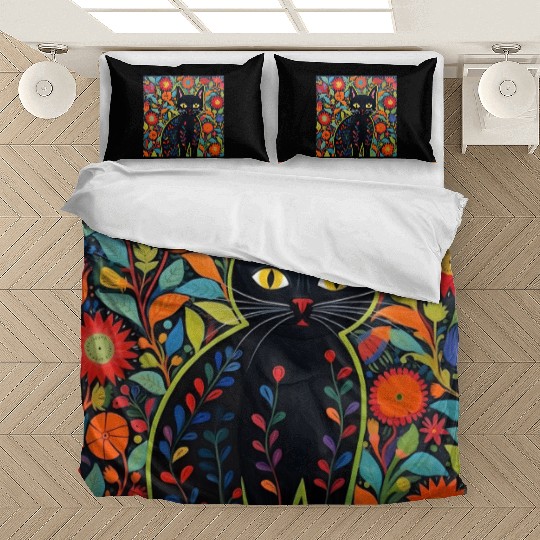 Folk Art Cat Floral Bedding Sets