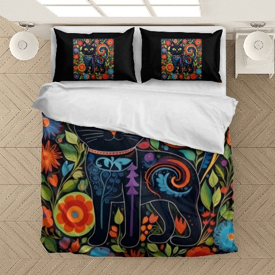 Folk Art Cat Floral Bedding Sets