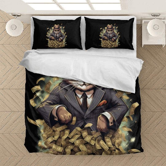 Gangster Cat Dressed In A Stylish Suit And Cash Bedding Sets