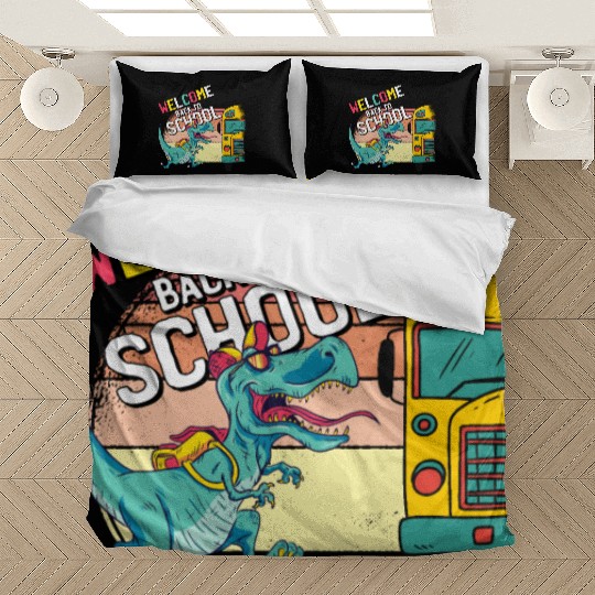 Funny T-Rex Running to School Bus Welcome Back to Bedding Sets