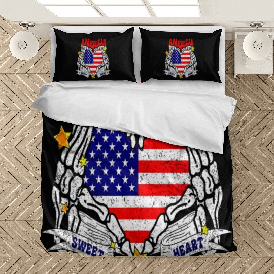 America Sweet Heart Skeleton Hands Heart Flag 4th Bedding Sets