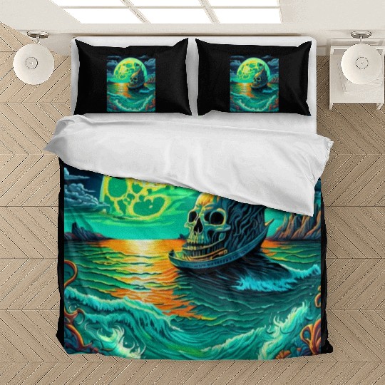 Pirate Ship With A Skull At Full Moon Bedding Sets