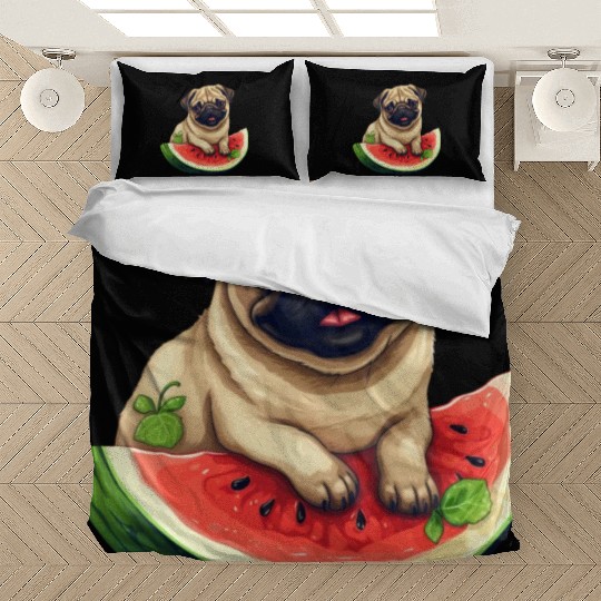 Pug with Melon, Funny Summer Design for Dog Lovers Bedding Sets