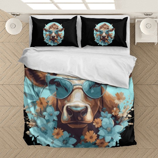 a cow with sunglasses Bedding Sets