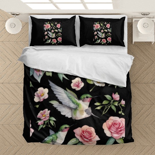 a little hummingbird and beautiful wildflowers Bedding Sets