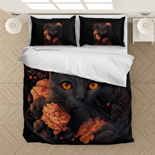 Cat Lover - Sweet Black Cat with Flowers Bedding Sets