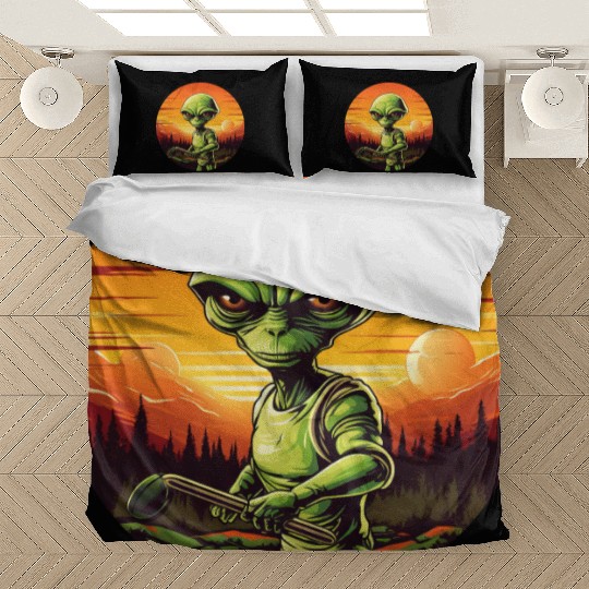 Green Alien Golfer - Extraterrestrial Playing Golf Bedding Sets