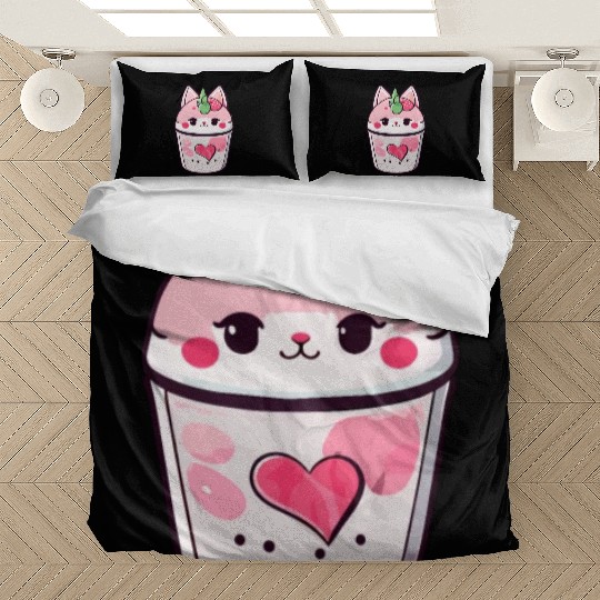 Cat Strawberry Milk Shake Kawaii Bedding Sets
