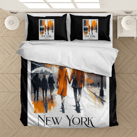 Watercolor painting loving couple in New York City Bedding Sets