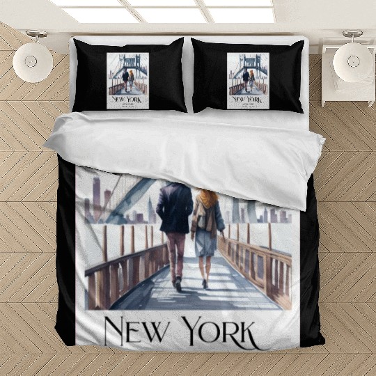 Watercolor painting loving couple in New York City Bedding Sets