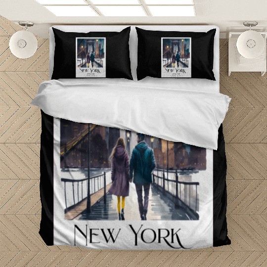 Watercolor painting loving couple in New York City Bedding Sets