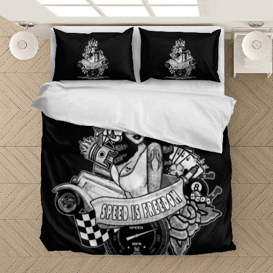 Pin up, Hot rod and Speedometer, black and white Bedding Sets